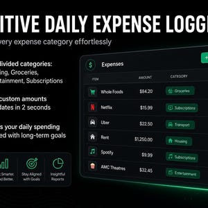 Puede incluir: Una interfaz de seguimiento de gastos digitales titulada Intuitive Daily Expense Logger. Muestra una tabla con columnas para art&iacute;culo, cantidad, categor&iacute;a y fecha. Incluye categor&iacute;as predefinidas, opciones de entrada y iconos de seguridad.