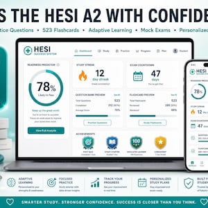 May include: A laptop and smartphone displaying the HESI Success System dashboard with a 78% readiness predictor, study streaks, and exam countdowns. The screen shows 523 practice questions and flashcards, alongside a stethoscope and nursing textbooks.