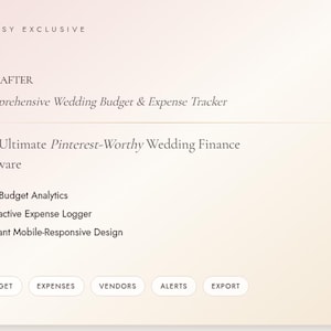 Può includere: Un'interfaccia digitale per Everafter Comprehensive Wedding Budget & Expense Tracker, con testo che descrive analisi di budget in tempo reale, un registro spese interattivo e design mobile, con pulsanti per budget, spese, fornitori, avvisi ed esportazione.