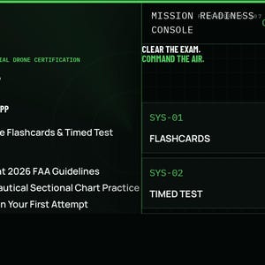 May include: A digital interface for a 2026 commercial drone certification FAA Part 107 drone pilot exam prep app. The screen displays text including Mission Readiness Console, Clear the Exam, Command the Air, Flashcards, and Timed Test.