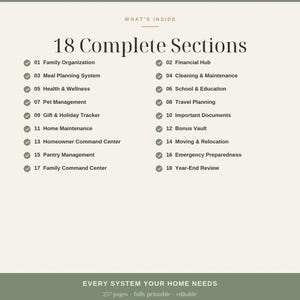 May include: A digital document page titled 18 Complete Sections, listing categories from Family Organization to Year-End Review with checkmarks. The text includes What's Inside, Every System Your Home Needs, 257 pages, fully printable, and editable.