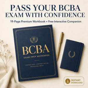 May include: A navy blue BCBA exam prep workbook with gold lettering and a matching smaller notebook, a gold pen, and the text PASS YOUR BCBA EXAM WITH CONFIDENCE, 19-Page Premium Workbook + Free Interactive Companion, and INSTANT DOWNLOAD.