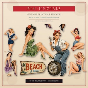 Può includere: Adesivi vintage stampabili con pin-up girls in varie pose. Gli adesivi hanno uno stile retrò, classico e glamour dipinto a mano. L'immagine include il testo "PIN-UP GIRLS" e "BEACH 5 Miles".