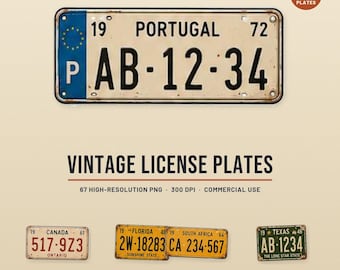 Utskrivbart paket med vintage registreringsskyltar | Resedagbok, ephemera | Internationella bilskyltar | Fussy Cuts för scrapbooking | Utskrivbar nedladdning