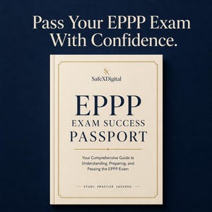 May include: A cream-coloured book titled EPPP Exam Success Passport with dark blue text. The cover features the SafeXDigital logo and the text Pass Your EPPP Exam With Confidence, Your Comprehensive Guide to Understanding, Preparing, and Passing the EPPP Exam, and STUDY, PRACTICE, SUCCEED.