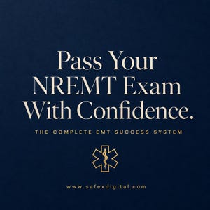 Può includere: Una grafica blu scuro con il testo Pass Your NREMT Exam With Confidence. Sotto, il testo recita THE COMPLETE EMT SUCCESS SYSTEM, seguito da un simbolo dorato della Stella della Vita e dall'indirizzo web www.safexdigital.com in basso.