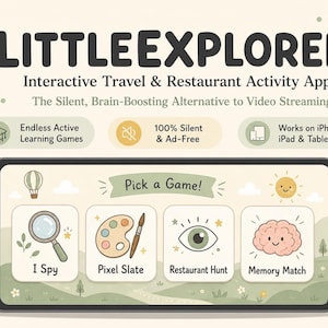Può includere: Uno schermo di smartphone che mostra l'app interattiva Little Explorer con un menu Pick a Game contenente quattro icone: I Spy con una lente d'ingrandimento, Pixel Slate con una tavolozza, Restaurant Hunt con un occhio e Memory Match con un cervello.