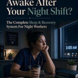 Può includere: Un kit stampabile intitolato Still Awake After Your Night Shift? The Complete Sleep & Recovery System For Night Workers. L'immagine mostra una persona in divisa blu scuro che tiene un caffè, libri intitolati Sleep Medicine, Circadian Rhythms, Restorative Recovery e un taccuino con il testo Rest. Recover. Recharged.