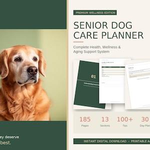 Può includere: Un pianificatore di cure per cani anziani con il ritratto di un golden retriever e il testo Senior Dog Care Planner, Complete Health, Wellness & Aging Support System, 185 Pages, 13 Sections, 100+ Tips, 30 Day Plan, e Because they deserve our very best.