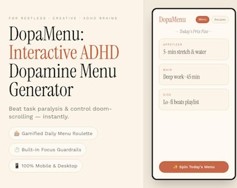 Interaktiv ADHD-dopaminmenygeneratorapp | DopaMenu Smart produktivitetsspårare och fokustimer | Neurodivergent daglig rutinplanerare