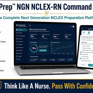 Può includere: Una piattaforma digitale NursePrep NGN NCLEX-RN Command Center visualizzata su un portatile, un tablet e uno smartphone. Lo schermo mostra una dashboard con 500 domande NCLEX, 50 casi di giudizio clinico, 500 flashcard e 180 scenari di studio.