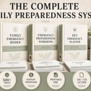 Può includere: Il sistema completo di preparazione familiare include tre raccoglitori intitolati Family Emergency Binder, Emergency Preparedness Workbook e Pet Emergency Planner, insieme a opuscoli per liste di controllo, informazioni e piani.