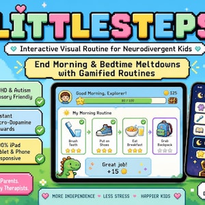Può includere: Un'interfaccia digitale per l'app di routine visiva interattiva LittleSteps visualizzata su un tablet e uno smartphone. Lo schermo mostra una routine mattutina con icone per lavarsi i denti, mettere le scarpe, fare colazione e lo zaino.