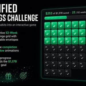 Puede incluir: Una interfaz digital de desaf&iacute;o de ahorro gamificado con el texto GAMIFIED SAVINGS CHALLENGE. Incluye una cuadr&iacute;cula de 52 semanas con sobres verdes brillantes para marcar, una barra de progreso de $253 de $1,378 ahorrados e iconos de trofeo y regalo.