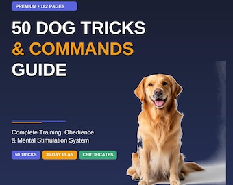 Guide till 50 hundtrick och kommandon | Komplett hundträningsarbetsbok | Lydnadsplanerare för valpar och vuxna hundar | Utskrivbar PDF