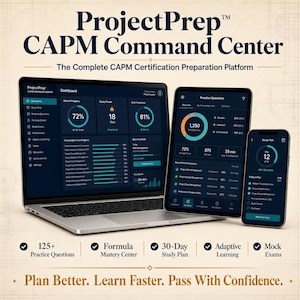 Può includere: Un portatile, un tablet e uno smartphone che mostrano l'interfaccia del ProjectPrep CAPM Command Center. Gli schermi visualizzano dashboard con grafici di avanzamento e domande di pratica. Il testo include ProjectPrep CAPM Command Center.