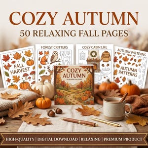 Può includere: Una collezione di libri da colorare intitolata COZY AUTUMN 50 RELAXING FALL PAGES, che include sezioni per FALL HARVEST, FOREST CRITTERS, COZY CABIN LIFE e AUTUMN PATTERNS. I libri sono esposti con zucche, ghiande, foglie di quercia e due penne.