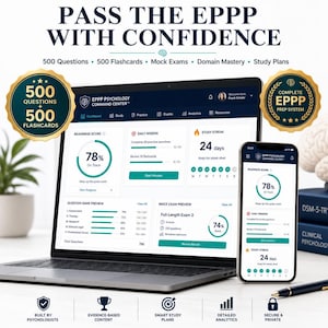 May include: A laptop and smartphone displaying the EPPP Psychology Command Center dashboard with readiness scores, daily missions, and study streaks. Text includes PASS THE EPPP WITH CONFIDENCE, 500 Questions, 500 Flashcards, and Complete EPPP Prep System.