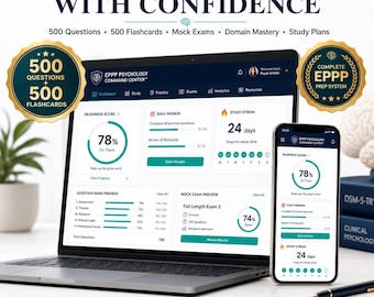 EPPP-examensförberedelseprogramvara 2026 | 500 övningsfrågor + 500 flashcards | Studieverktyg för psykologlicensexamen | Övningsprov och analyser