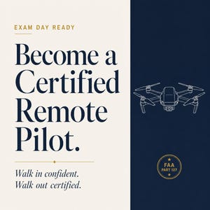 May include: A graphic design featuring the text EXAM DAY READY, Become a Certified Remote Pilot, and Walk in confident. Walk out certified. A white line drawing of a quadcopter drone is displayed alongside a circular gold badge labeled FAA PART 107.