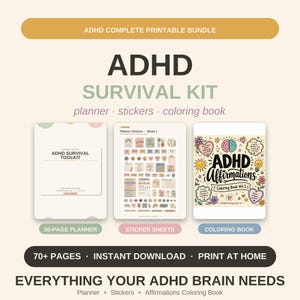 Utskrivbart ADHD-planeringspaket, ADHD-klistermärken + affirmationsmålarbok, arbetsbok för vuxna med ADHD, neurodivergenta kvinnor, bohemisk pastellfärgad A4 pdf