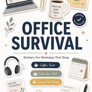 Peut inclure: Une planche d'autocollants numériques intitulée OFFICE SURVIVAL avec des illustrations d'ordinateur portable, tasse de café, casque, calendrier, stylos, trombones et notes adhésives avec du texte comme Focus, Plan, Get Things Done et Today's Plan.