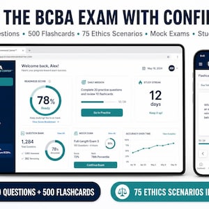 Può includere: Un'interfaccia dashboard digitale visualizzata su uno schermo di laptop e smartphone, intitolata PASS THE BCBA EXAM WITH CONFIDENCE. Lo schermo mostra metriche di progresso, un punteggio di preparazione del 78%, serie di studio e statistiche.