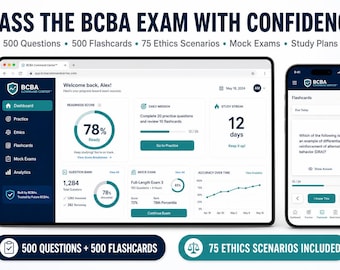 BCBA-examensförberedelseprogramvara 2026 | 500 övningsfrågor + 500 flashcards | 75 etiska scenarier | Övningsprov | BCBA-studieverktyg