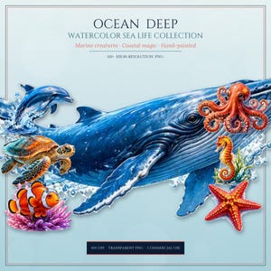 Può includere: Illustrazione ad acquerello di varie creature marine, tra cui una balena blu, un delfino, una tartaruga marina, un pesce pagliaccio, un polpo, un cavalluccio marino e una stella marina. Il testo "OCEAN DEEP WATERCOLOR SEA LIFE COLLECTION" è visibile.