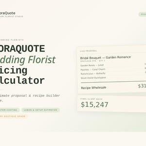 Op de afbeelding: Een digitale interface voor de FloraQuote Wedding Florist Pricing Calculator 2024 Edition. Het scherm toont een live voorstel voor een Garden Romance bruidsboeket met gespecificeerde bloemkosten en een uiteindelijke klantprijs van $15.247.