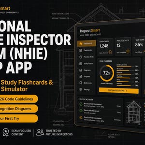 Può includere: Una dashboard digitale per l'app di preparazione all'esame per ispettori immobiliari InspectSmart. Lo schermo mostra i progressi di studio, flashcard e test con testo giallo e bianco su sfondo nero, con un'icona di un casco giallo.
