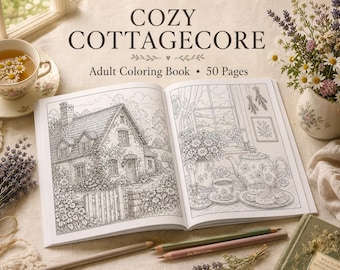 Målarbok Cottagecore för vuxna | 60 utskrivbara PDF-sidor | Mysiga stugor, trädgårdar och tetid | Direktnedladdning