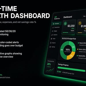 Puede incluir: Un panel de control financiero digital sobre un fondo oscuro con detalles en verde. El texto dice Real-Time Wealth Dashboard, rastreando ingresos, gastos y ahorros. Incluye un gr&aacute;fico circular de presupuesto 50/30/20 y una barra de progreso.