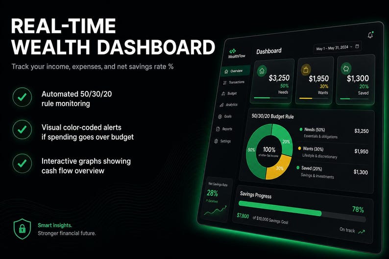 Puede incluir: Un panel de control financiero digital sobre un fondo oscuro con detalles en verde. El texto dice Real-Time Wealth Dashboard, rastreando ingresos, gastos y ahorros. Incluye un gr&aacute;fico circular de presupuesto 50/30/20 y una barra de progreso.