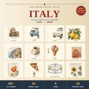 Può includere: Una collezione digitale di effimeri da viaggio a tema Italia con illustrazioni del Colosseo, una Vespa, una Fiat 500, limoni, Positano, espresso, gelato, un francobollo Italia, uno spritz, pizza, un cartello Benvenuti ad Amalfi e un girasole.