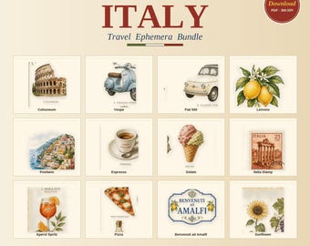 Italiens resepaket med korttidseffekter | 84+ vintage Italiensklistermärken, dagbokskort och bakgrundspapper | Skräppostdagbok, utskrivbar PDF