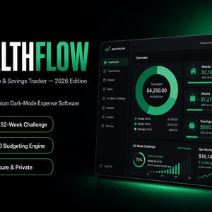 Può includere: Interfaccia del software WealthFlow Personal Finance & Savings Tracker 2026 Edition visualizzata su un tablet. La dashboard in modalità scura presenta accenti verdi, un grafico ad anello, dati finanziari e metriche di budget.