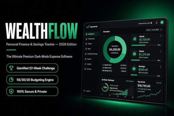 Premium Personal Finance App | Interactive Expense Tracker & Gamified Savings Challenge | Dark Mode 52-Week Budget Dashboard Software