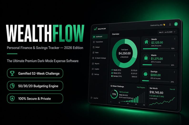 Puede incluir: Interfaz del software WealthFlow Personal Finance & Savings Tracker 2026 Edition en una tableta. El panel en modo oscuro presenta acentos verdes, un gr&aacute;fico de anillo, datos financieros, un rastreador de desaf&iacute;os y m&eacute;tricas de presupuesto.