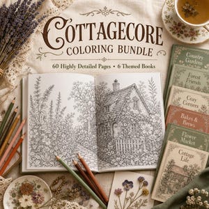 Può includere: Un set di libri da colorare Cottagecore che include un libro aperto con un'illustrazione dettagliata di un cottage circondato da fiori, insieme a cinque libri impilati intitolati Country Gardens, Forest Friends, Cozy Corners, Bakes & Brews, Flower Market e Cottage Life.