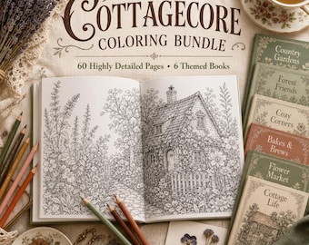 Målarbok Cottagecore för vuxna | 60 utskrivbara sidor PDF | Mysiga stugor, vildblommor, skogsdjur | Direktnedladdning A4