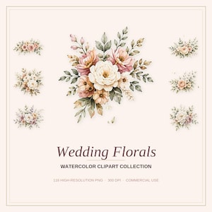 Può includere: Collezione di clipart ad acquerello con composizioni floreali in colori pastello. Il design include un grande bouquet centrale con rose bianche, rosa e pesca, circondato da grappoli floreali più piccoli. Testo: "Wedding Florals".