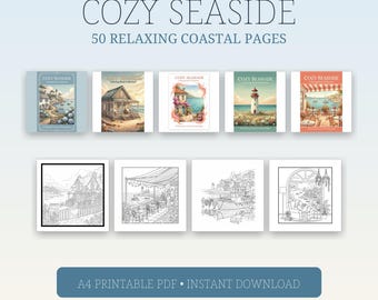 Mysig målarbok vid havet | 50 avkopplande målarbilder vid kusten | Strandstugor, fyrar, havsutsikt och kaféer vid havet | Utskrivbar PDF