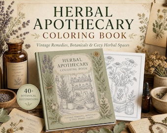 Målarbok med botanisk örtkunskap | Målarbilder med vintagemedicinalväxter, örter och mysiga stugkärnor | Utskrivbar PDF