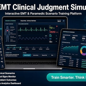 May include: NREMT Clinical Judgment Simulator interactive EMT and paramedic training platform displayed on a smartphone, laptop, and tablet. The screens show vital signs monitors, performance dashboards, and patient data with dark blue interfaces.