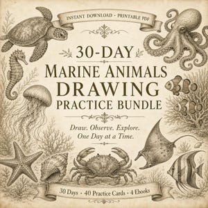 30 Day Marine Animals Drawing Course | Learn to Draw Fish Sea Turtle Octopus | Printable PDF Workbook + Practice Cards | Beginner Bundle