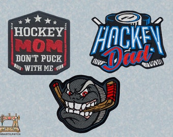 Hockey Mom Don't Puck with Me, Hockey Dad, Il disco arrabbiato rompe il bastone Toppe ricamate stirate/cucite. Tascabile.