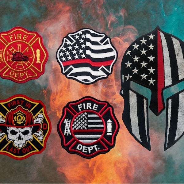 Set of 5 iron on patches dedicated to firefighters. Fireman skull. Helmet with red line. Firefighter. Firedept. Thin red line flag.