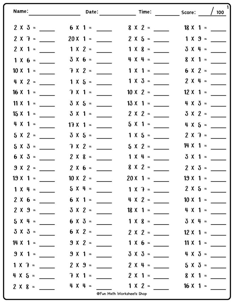 Printable Multiplication Worksheets: Fill-in-the-blanks, Numbers 1-20 ...