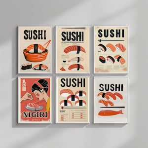 Sushi Poster Bundle for Kitchen and Restaurant Décor - 7 premium art design prints inspired by japanese Suhsi